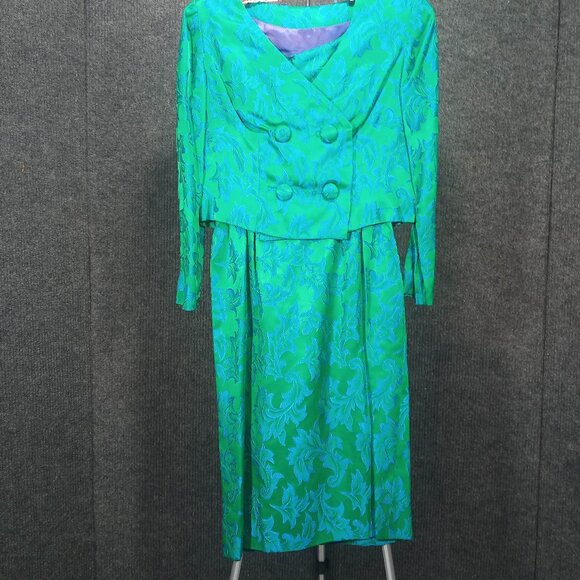 1950's Blue and Green Brocade Wiggle Dress with Matching Coat - Picture 1 of 10